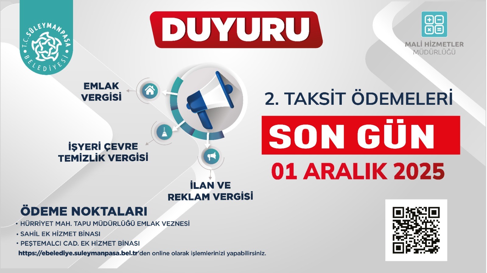 Süleymanpaşa Belediyesi Vergi Ödemeleri İçin Son Gün 1 Aralık