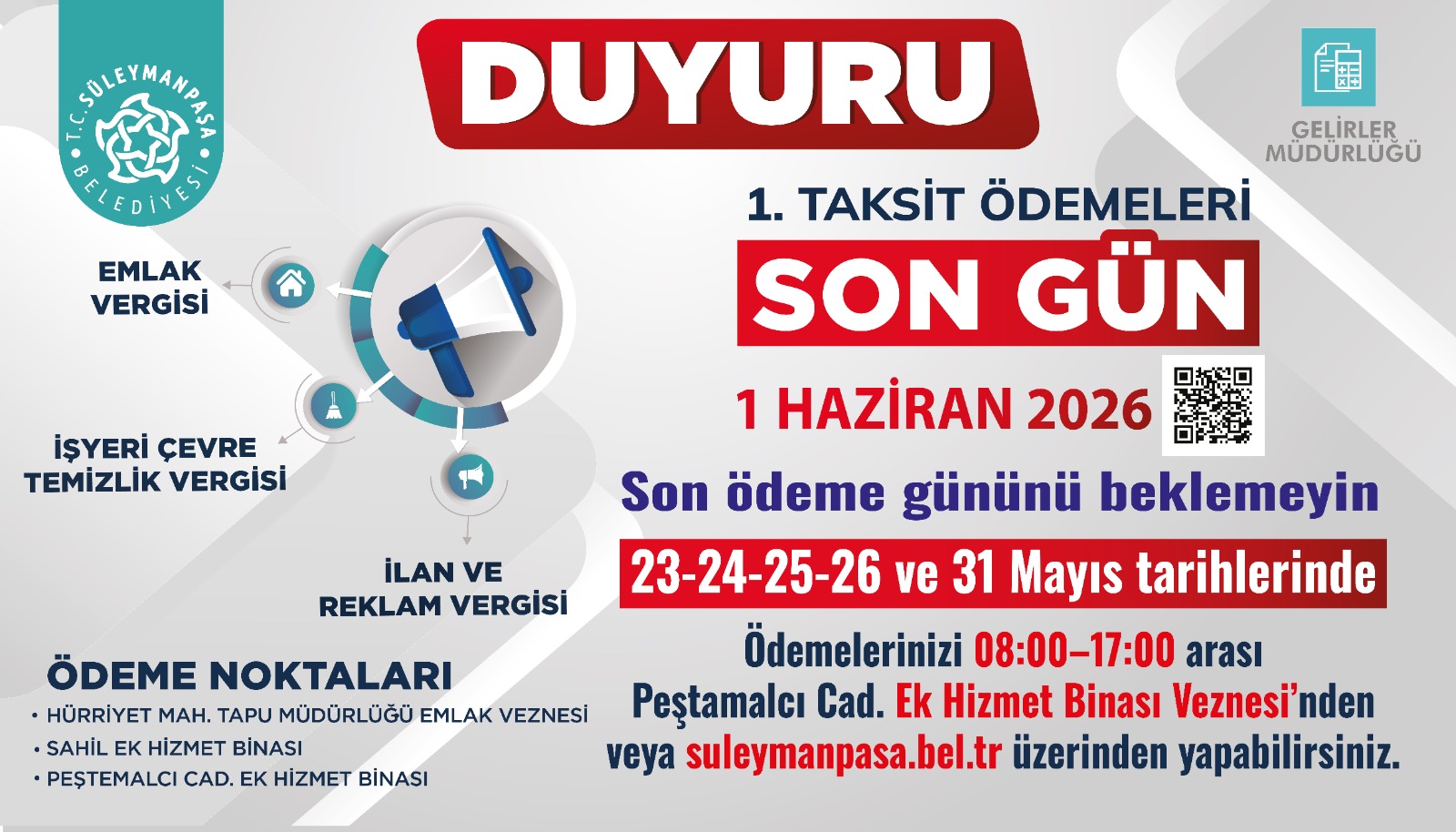 Süleymanpaşa Belediyesi Vezneleri Tatilde Hizmete Devam Edecek